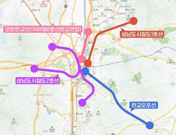 경기도 도시철도망 구축계획에 반영된 성남시 4개 도시철도 노선
